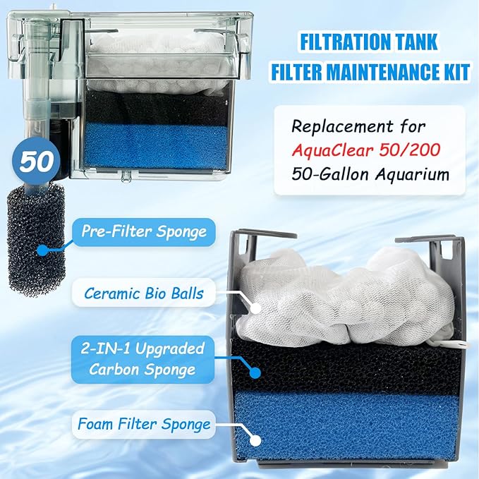 SHIGATSU 4 Set Replacement Aquarium Maintenance Kit for AquaClear 50 Power Filter, Includes Aquarium Foam Insert, Carbon Sponge, Bio Media and Pre-Filter Sponge