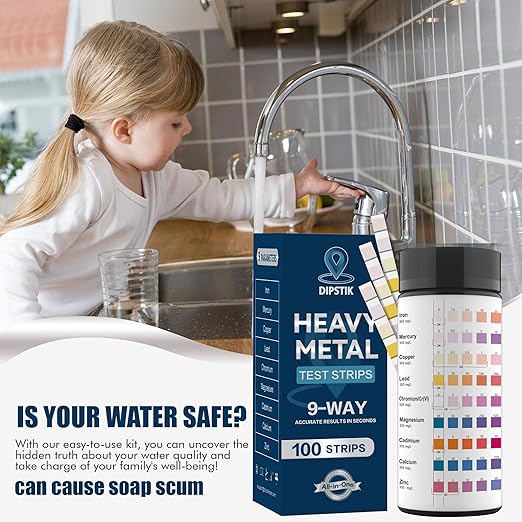 9 Way Heavy Metals Water Test Strips, 100ct Home Water Testing Kit for Iron, Mercury, Copper, Lead, Chromium, Magnesium, Cadmium, Calcium,Zinc