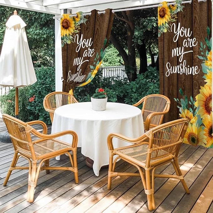 Summer Outdoor Curtains for Patio Sunflowers Eucalyptus Leaves Wood Waterproof Outside Curtains with Grommet Top Weatherproof Curtain for Cabana Pergola Gazebo, 1 Panel, 54" W x 108" L