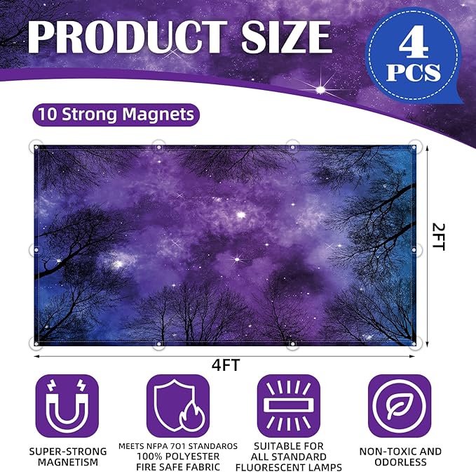 4 Pcs Fluorescent Light Covers - Classroom, Office 4 x 2 Feet Flame Retardant Magnetic Covers for Ceiling Lights Filters (Forests & Starry Sky)