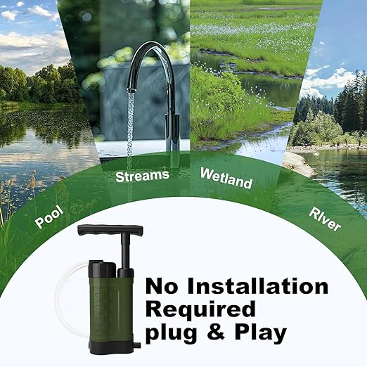 Portable Water Filter Pump, 0.01 Micron Manual Survival Water Purifier for Camping Hiking Backpacking Emergency, Fast Flow Removes Harmful Substances & Sediment (k8188 Green)