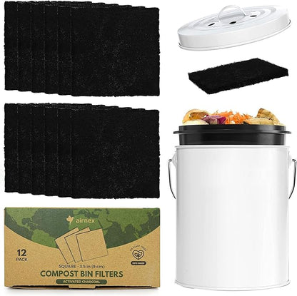 Charcoal Filters for Compost Bucket 3.5 in Square - Pack of 12 Odor Blocking Compost Filters for Countertop Bin, Trash Cans & Litter Boxes - Universal Replacement Compost Bin Filter Charcoal