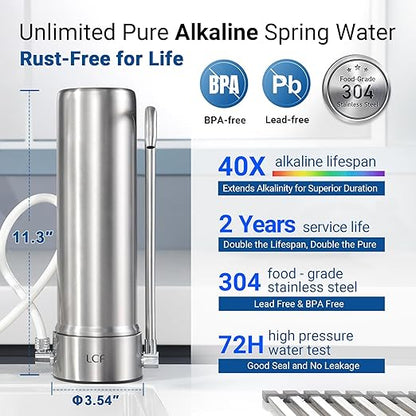 LCF Alkaline Countertop Water Filter, 𝐒𝐢𝐥𝐯𝐞𝐫 𝐈𝐨𝐧𝐬 Enhanced 6-Stage Stainless Steel Water Filter for Sink Faucet, Reduces Heavy Metals, Bad Taste & 99% Chlorine, 16,000 Gallons(2 Filters)