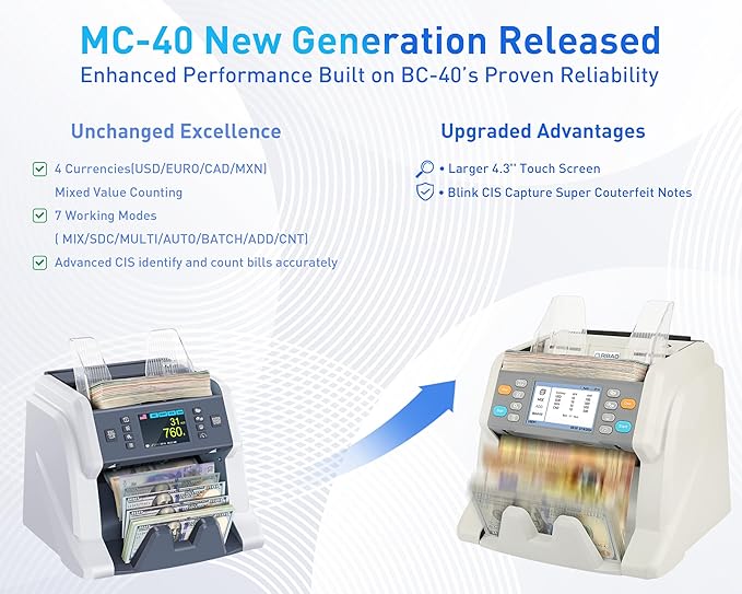 RIBAO MC-40 Mixed Denomination Money Counter, Business Grade Cash Counting Machine, CIS/UV/MT Counterfeit Detection, Muti Currency Bill Counter Printer Compatible Value Count