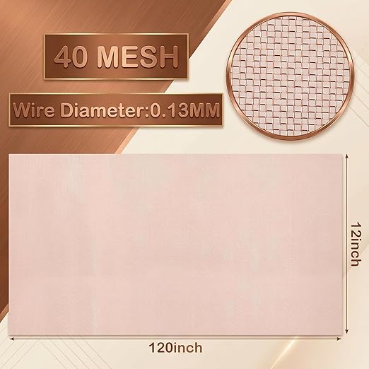 Therwen 12 Inch x 10 ft Copper Mesh Screen 99.9% Pure Copper 40 Mesh Roll Wire Fabric for Grounding Dense Filter Screen Woven Crafts Window Protection