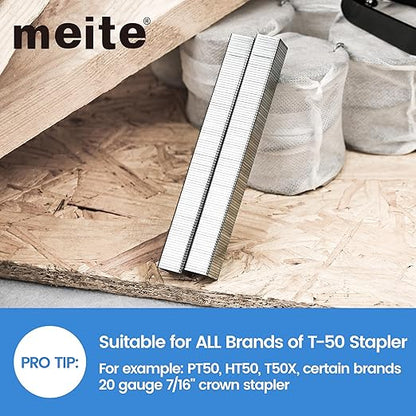meite Staples for Staple Gun, 3/8 Inch Length Heavy Duty T-50 Staples, Galvanized, 20 Gauge 3/8" Crown, Compatible with T-50 Staple Gun, Ideal for Upholstery, Construction, Furniture (1,512 Counts)
