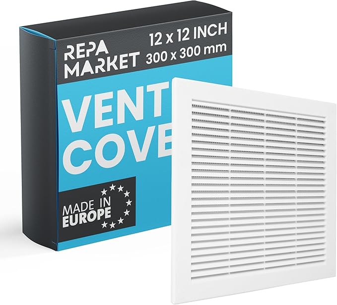 Repa Market 12 x 12 Inch (Outer) White Square Air Vent Cover - Plastic Fresh Air Intake Vent - AC Cover with Nylon Mesh Screen, Wall, Ceiling HVAC Return Air Register, Modern Soffit Vents