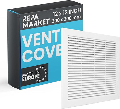 Repa Market 12 x 12 Inch (Outer) White Square Air Vent Cover - Plastic Fresh Air Intake Vent - AC Cover with Nylon Mesh Screen, Wall, Ceiling HVAC Return Air Register, Modern Soffit Vents