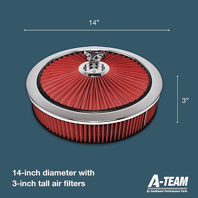 A-Team Performance High-Flow Air Cleaner Assembly - 14x3in, Red Chrome Top & Base Red Air Cleaner Element - Performance Auto Parts & Replacement Filter - Compatible with Chevrolet, GMC & Ford