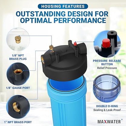 Max Water 20x4.5 Whole House Water Filter Housing, Heavy Duty Big Filter Blue Housing w/Pressure Release, Wrench and Bracket, 1" NPT, 20 Inch, Pack of 2