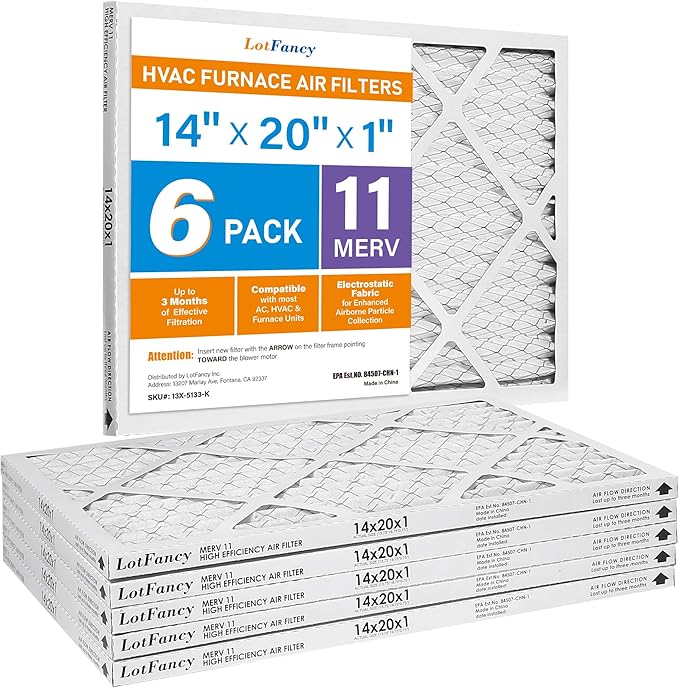 LotFancy 14x20x1 Air Filter MERV 11 6-Pack, Electrostatic Pleated AC Furnace Air Filter, Captures Dust, Smog & Pet Dander, Actual Size: 13.75"x19.75"x0.75"