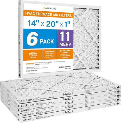 LotFancy 14x20x1 Air Filter MERV 11 6-Pack, Electrostatic Pleated AC Furnace Air Filter, Captures Dust, Smog & Pet Dander, Actual Size: 13.75"x19.75"x0.75"