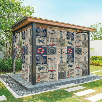 Oceans Outdoor Curtains for Patio Shell Starfish Whales Summer Vintage Waterproof Outside Curtains with Grommet Top Weatherproof Curtain for Cabana Pergola Gazebo, 1 Panel, 54" W x 95" L