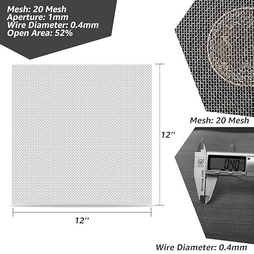 4 Pack 12x12 Inch Wire Mesh, 20 Mesh Stainless Steel Mesh, Never Rust Sturdy Metal Mesh Screen for DIY Projects, Vent, Cage, Garden, Window Screen, Filter Mesh