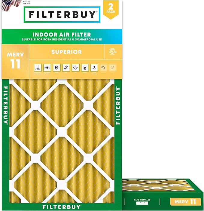 Filterbuy 14x24x2 Air Filter MERV 11 Superior Pet & Allergy Defense (2-Pack), Electrostatic Pleated HVAC AC Furnace Filters Replacement, Made in USA (Actual Size: 13.50 x 23.50 x 1.75)