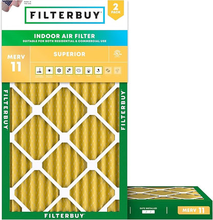 Filterbuy 14x24x2 Air Filter MERV 11 Superior Pet & Allergy Defense (2-Pack), Electrostatic Pleated HVAC AC Furnace Filters Replacement, Made in USA (Actual Size: 13.50 x 23.50 x 1.75)