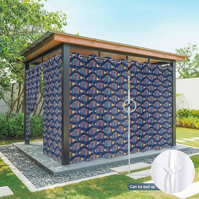 Fish Outdoor Curtains for Patio Vintage National Wind Fish Blue Waterproof Outside Curtains with Grommet Top Weatherproof Curtain for Cabana Pergola Gazebo, 2 Pack, 54" W x 108" L