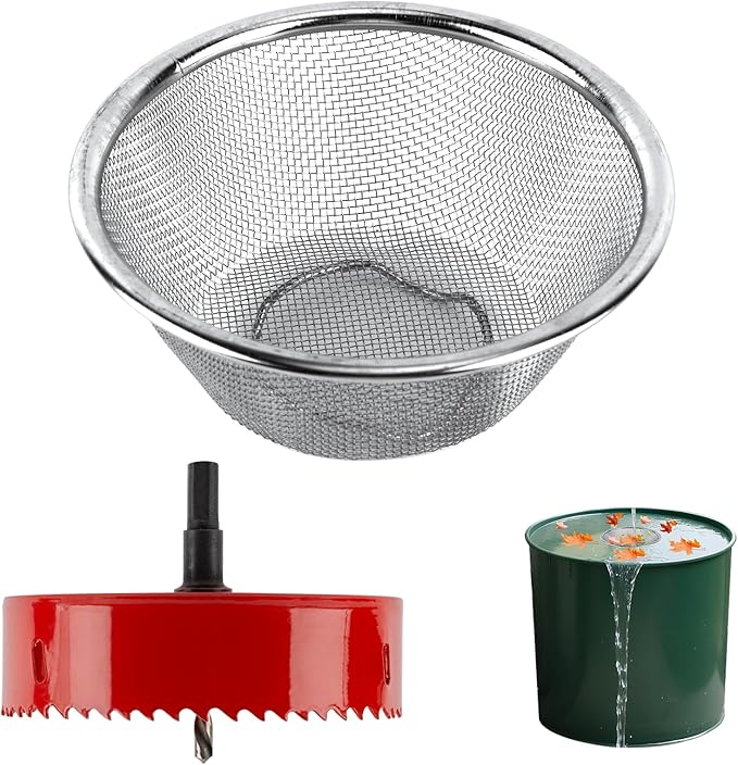 5" Rain Barrel Screen Kit with Hole Saw Tool - Complete Aluminum Mesh Cover & DIY Filter for Easy Rainwater Collection from Gutters