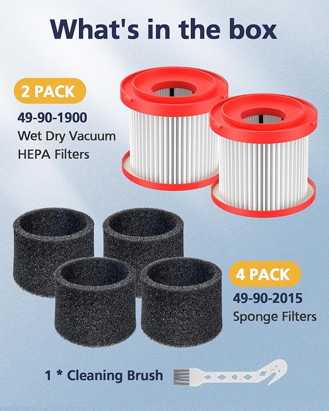2 Pack 49-90-1900 Wet Dry Vacuum HEPA Filter Replacement Compatible with Milwaukee Cordless M18 Vacuum 0780-20 0880-20 with 4 Foam Sleeve Filters