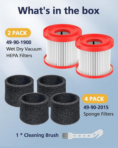 2 Pack 49-90-1900 Wet Dry Vacuum HEPA Filter Replacement Compatible with Milwaukee Cordless M18 Vacuum 0780-20 0880-20 with 4 Foam Sleeve Filters