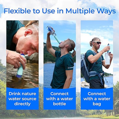 Waterdrop Gravity Water Filter Straw, Camping Water Filtration System, Water Purifier Survival for Travel, Backpacking and Emergency Preparedness, 0.1 Micron, 2 Pack, Light Blue