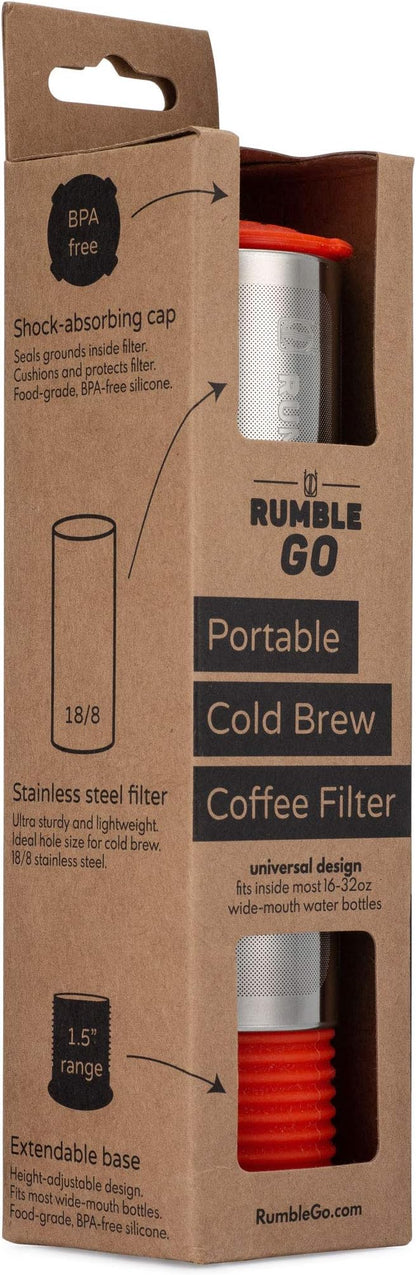 Rumble Go: Portable Cold Brew Coffee Filter - Fits Wide Mouth Water Bottles, 16-32oz – Universal Fit - Brews Coffee Anywhere - Eco-Friendly & No Disposable Parts (Orangey-Red Cap & Base)