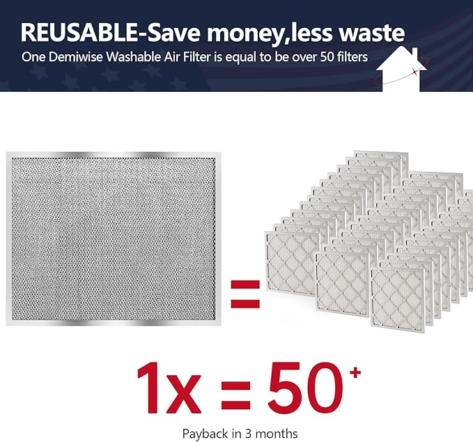 Reusable Washable Aluminum Air Filter, MERV 8, Rectangular, Heavy-duty, Compatible with Air Conditioner, Furnace, HVAC, Lasts a Lifetime, Easy to Clean (Actual Size: 19.75x24.65x0.82)
