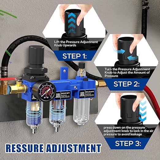 NEWPO 1/4" NPT Compressed Air Filter Regulator Lubricator Combo, Water/Oil Trap Separator,Brass Filter & Coalescing Filter,Semi-Auto Drain,Metal Bracket-Blue