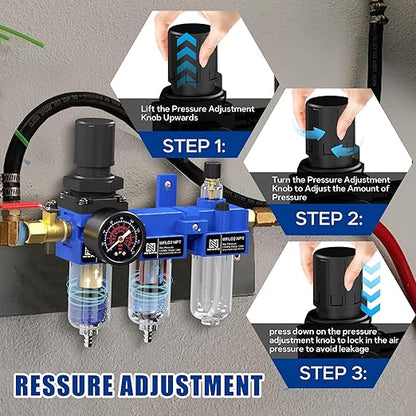 NEWPO 1/4" NPT Compressed Air Filter Regulator Lubricator Combo, Water/Oil Trap Separator,Brass Filter & Coalescing Filter,Semi-Auto Drain,Metal Bracket-Blue