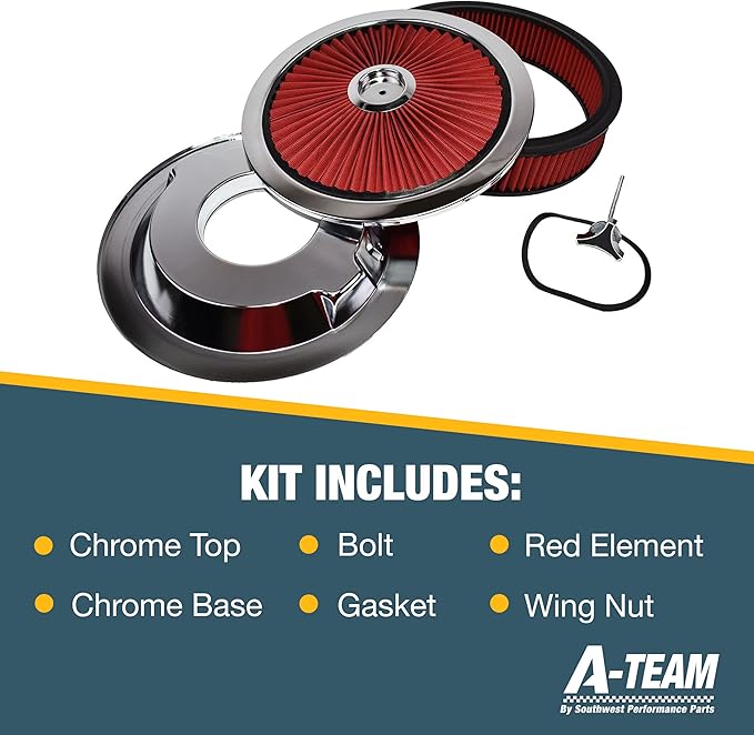 A-Team Performance High-Flow Air Cleaner Assembly - 14x3in, Red Chrome Top & Base Red Air Cleaner Element - Performance Auto Parts & Replacement Filter - Compatible with Chevrolet, GMC & Ford