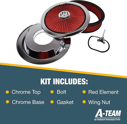 A-Team Performance High-Flow Air Cleaner Assembly - 14x3in, Red Chrome Top & Base Red Air Cleaner Element - Performance Auto Parts & Replacement Filter - Compatible with Chevrolet, GMC & Ford
