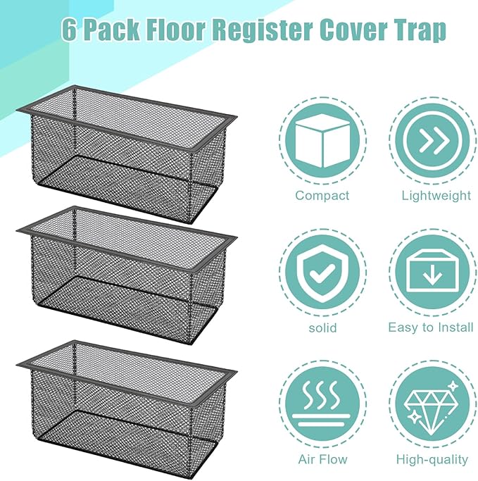 6PCS Floor Register Cover Trap 4"x12", Mesh Floor Vent Screen Net with Frame, Air Vent Filter Mesh Catcher for Hair Debris (4 x 12 Inch)