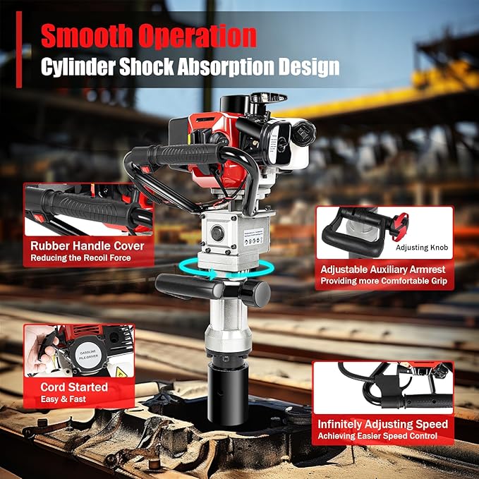 Gas Powered T-Post Driver, 900W 32.7CC T Post Pounder Driver Heavy Duty Gasoline, 2-Stroke Fence Farm Push Pile Gasoline Engine Kit for Fence Post Construction Site