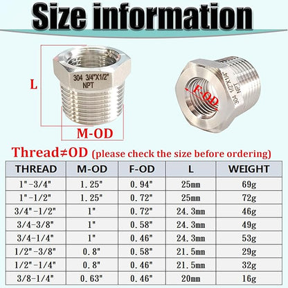 1" NPT Male to 3/4" NPT Female Hex Bushing Reducer, 304 Stainless Steel NPT Reducing Adapter Pipe Fitting, Heavy Duty Pipe Hex Bushing for Reducing Pipe (1” MNPT x 3/4” FNPT)