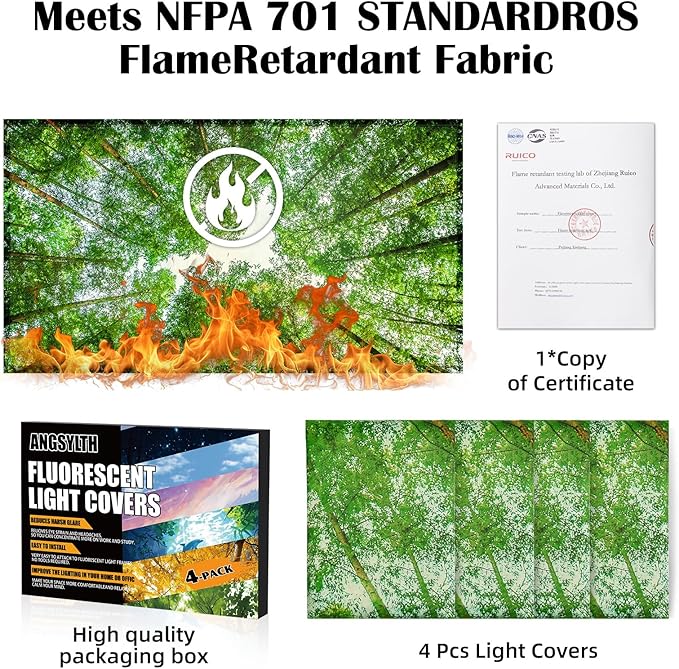 4 Pcs Fluorescent Light Covers - Classroom, Office 4 x 2 Feet Flame Retardant Magnetic Covers for Ceiling Lights Filters (Spring & Forest)