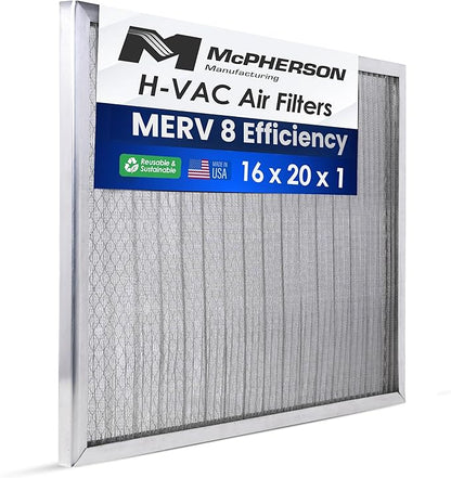 McPherson Reusable Air Filter 20x16x1 | Washable MERV 8 | Made in USA Metal Frame | HVAC AC Furnace | Permanent | Pet Dust Filtration