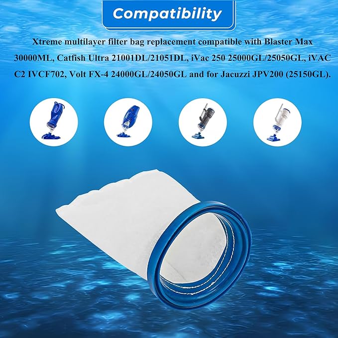 X-treme Multilayer Filter Bag, Compatible with Catfish Ultra,iVac 250,iVAC C2,Volt FX-4 and for Jacuzzi JPV200 Handheld Pool Vacuums (1 Pack, X-treme Multilayer Filter Bag)