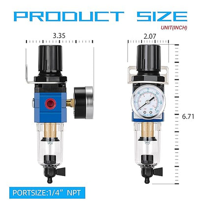 NANPU 1/4" NPT Compressed Air Filter Regulator Combo Piggyback, 5 Micron Brass Element, Poly Bowl, Manual Drain, Metal Bracket, 0-150 psi Gauge - AW2000-02M