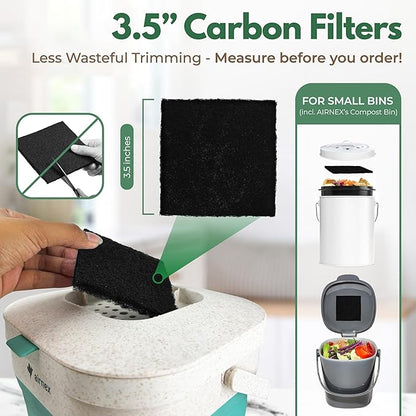 Charcoal Filters for Compost Bucket 3.5 in Square - Pack of 12 Odor Blocking Compost Filters for Countertop Bin, Trash Cans & Litter Boxes - Universal Replacement Compost Bin Filter Charcoal