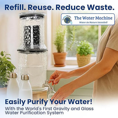 The Water Machine All Glass Purifier - Gravity Fed Water Filtration System with Activated Carbon Filters, Off Grid Emergency & Home Survival Portable Countertop Filter with Wooden Stand - 3 Gallon