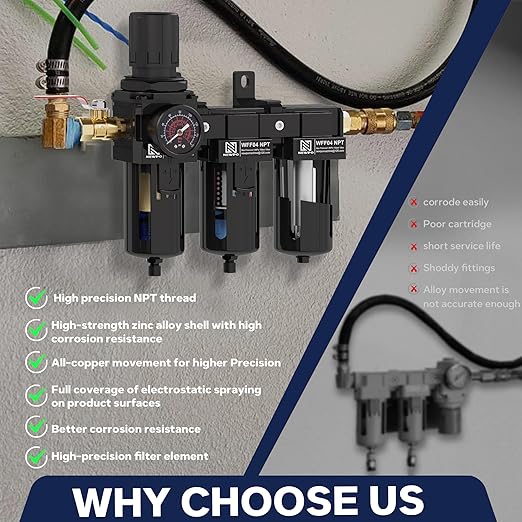 NEWPO 1/2" NPT 3 Stage Air Drying System,Air Dryer for Compressor with 5＆0.01 Micron Filter Cartridge，Desiccant Dryer & Air Regulator, Metal Bowl Semi-Auto Drain