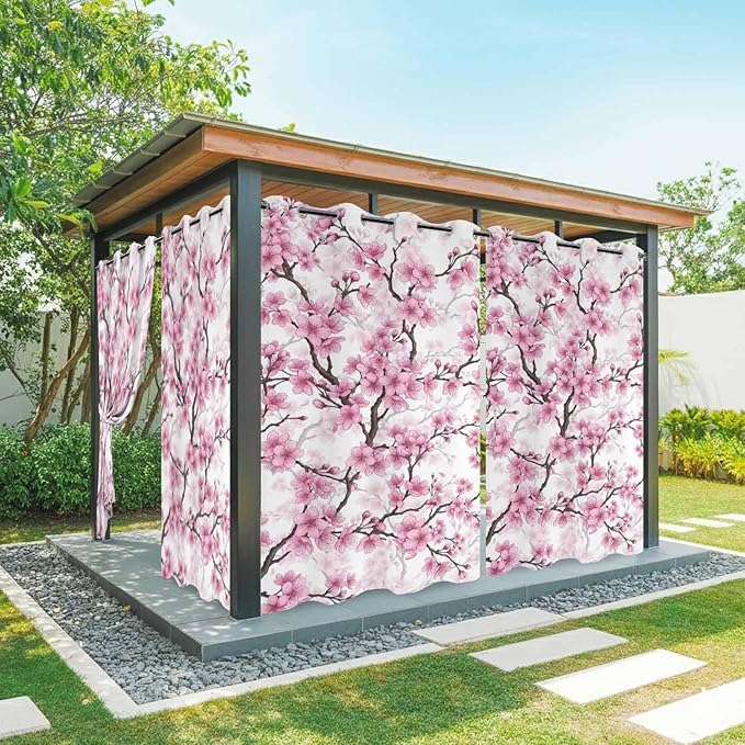 Cherry Flowers Outdoor Curtains for Patio Spring Flower Vintage Watercolor Waterproof Outside Curtains with Grommet Top Weatherproof Curtain for Cabana Pergola Gazebo, 2 Pack, 54" W x 95" L
