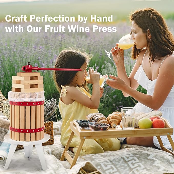 CAELUM Fruit Wine Press, 4.75 Gallon Wood Fruit and Cider Press Squeezer With T-Handle, Juice Maker, Wine Making Press Squeezer for Outdoor, Kitchen（Red）