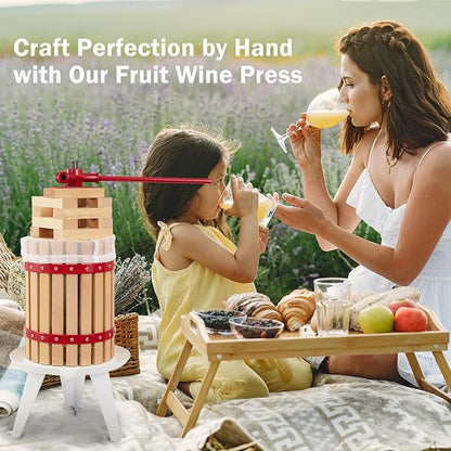 CAELUM Fruit Wine Press, 4.75 Gallon Wood Fruit and Cider Press Squeezer With T-Handle, Juice Maker, Wine Making Press Squeezer for Outdoor, Kitchen（Red）