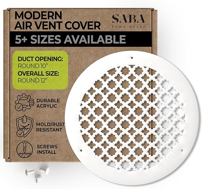 SABA Home Decor Air Vent Cover Grille - Acrylic Plexiglass 10" Round Duct Opening (12" Round Overall) White Finish Registers for Walls and Ceilings NOT for Floor USE, Venetian (1, 10" Round Screws)