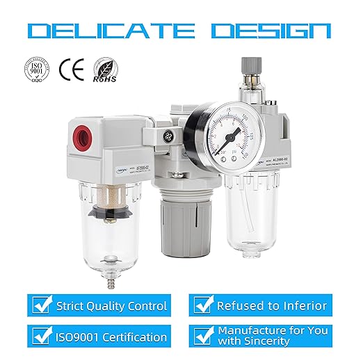 NANPU 1/4" NPT Air Filter, Regulator & Lubricator (FRL) Combo - Water/Oil Trap Separator - Pressure Gauge(0-150 psi), 5 Micron Brass Element, Semi-Auto Drain, Poly Bowl, Metal Bracket