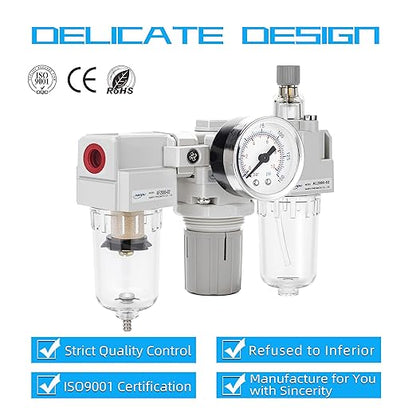 NANPU 1/4" NPT Air Filter, Regulator & Lubricator (FRL) Combo - Water/Oil Trap Separator - Pressure Gauge(0-150 psi), 5 Micron Brass Element, Semi-Auto Drain, Poly Bowl, Metal Bracket