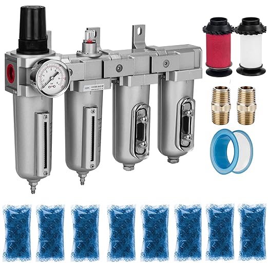 NANPU 3/4" NPT Industrial Grade 4 Stage Air Drying System - Particulate Filter, Coalescing Filter, Double Desiccant Dryers & Air Regulator, Metal Bowl, Manual Drain, for Paint Spray＆ Plasma Cutter