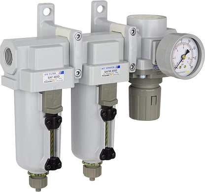 PneumaticPlus SAU430-N04G-MEP 3 Stage Compressed Air Filter Dryer System - Particulate Air Filter, Coalescing Air Filter, Compressed Air Pressure Regulator Combo, 1/2" NPT - Metal Bowl, Manual Drain