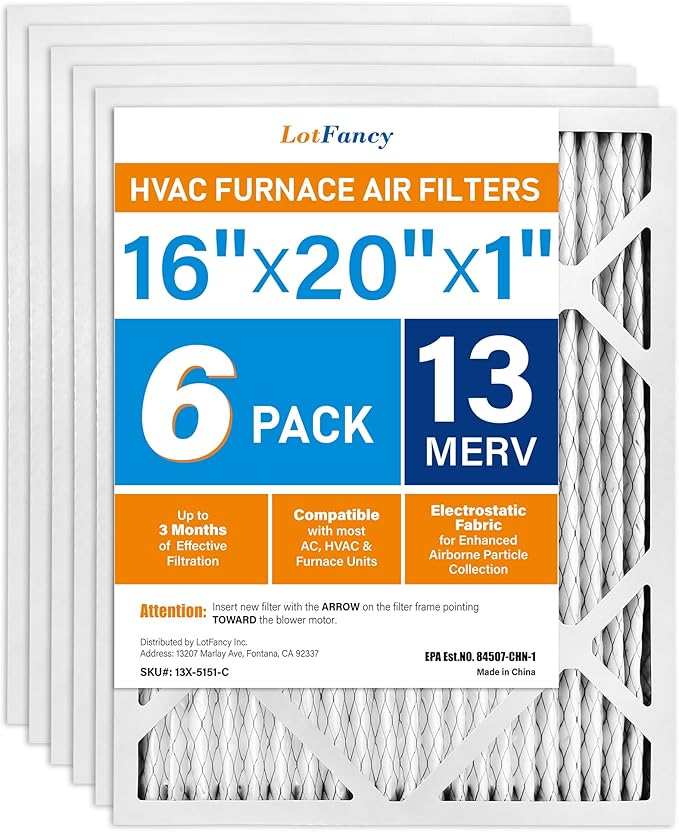 LotFancy 16x20x1 Air Filter MERV 13 6-Pack, Electrostatic Pleated HVAC Furnace Air Filter, Captures Pet Dander Smog Smoke, Actual Size: 15.75"x15.75"x0.75"